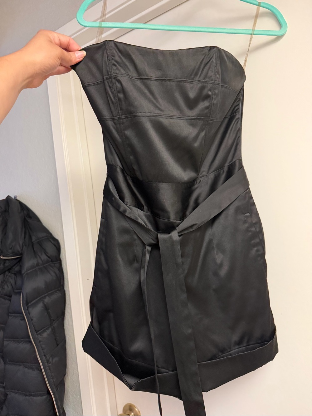 Black Strapless Satin Shorts Jumpsuit with Waist Tie